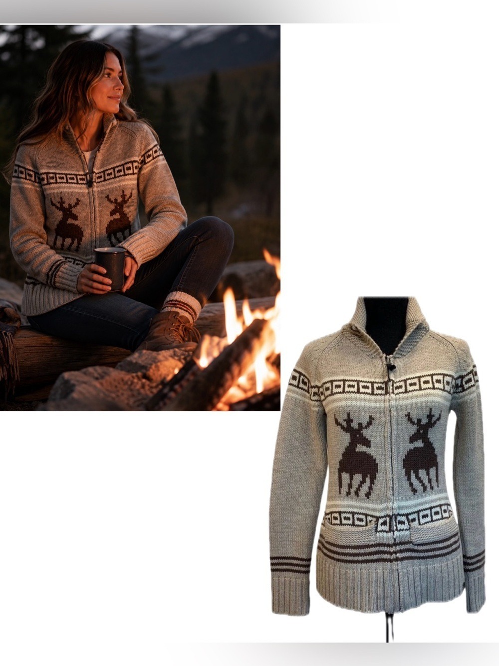 TRIPLE Five Soul beige brown reindeer Zipup jacket wool sweater Sz S